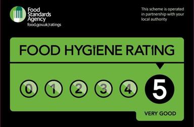 5 star food hygiene rating sticker issued by the Food Standards Agency